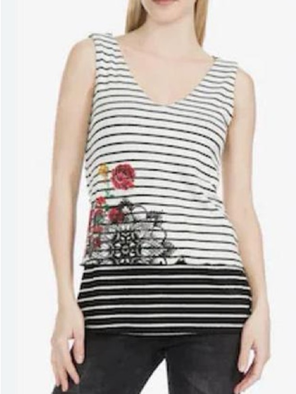 Desigual "Lisboa" V-Neck Striped Tank Top L Sleeveless Floral Artsy Lagenlook
